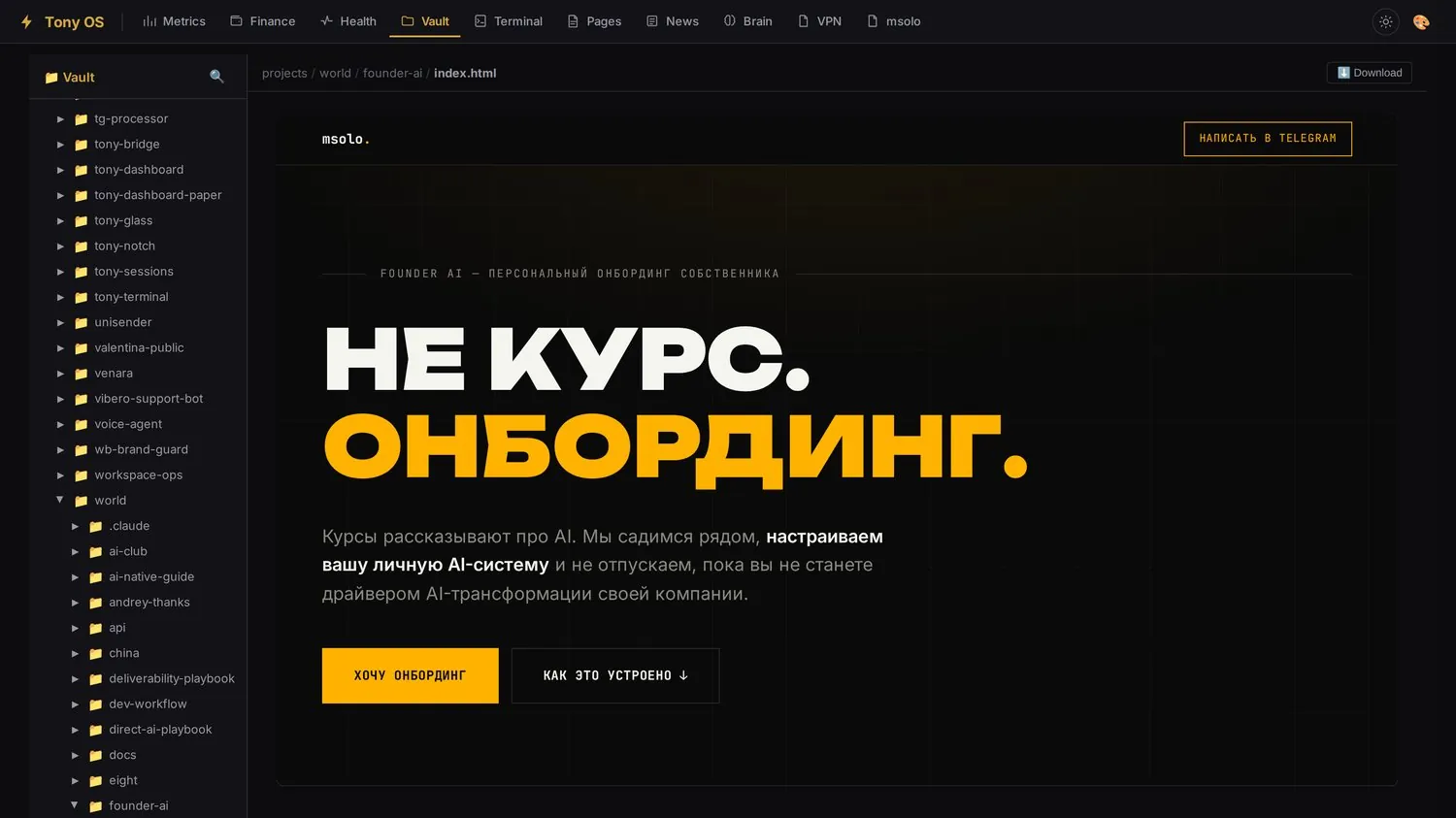 HTML-страница прямо в волте, слева раскрытое дерево проекта