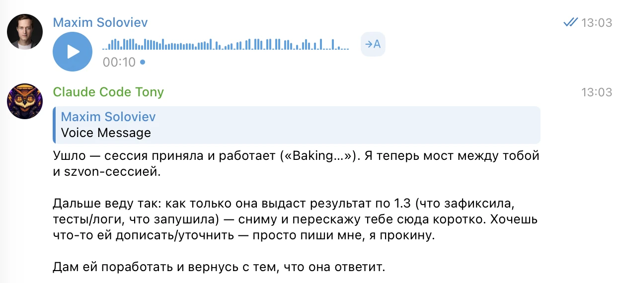 Переписка с ботом: голосовое → агент подхватил сессию